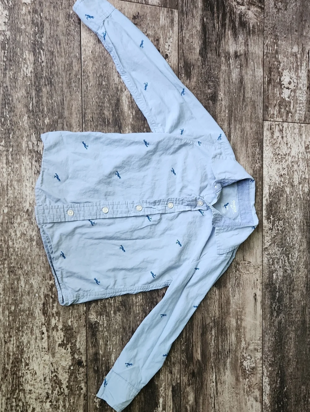 OshKosh B'gosh Light Blue Button-Down Shirt with Navy Dinosaur Embroidery Size 5